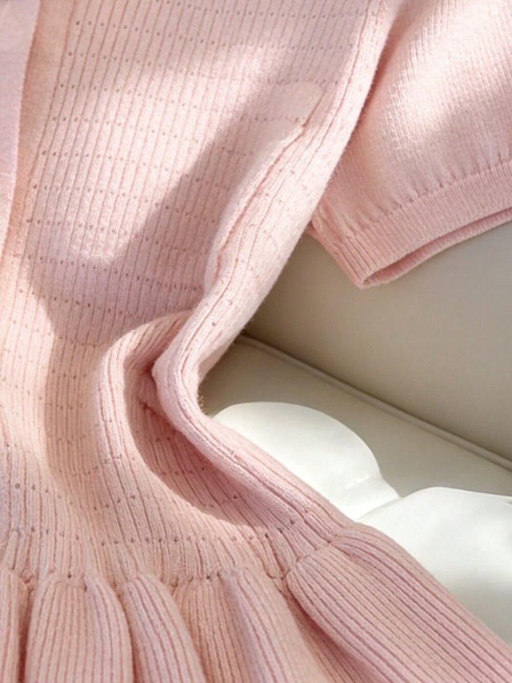 Pink Casual Women's Rhinestone Pearl Round Neck Slim Fit Short Sleeve Cardigan - Picture 5 of 6
